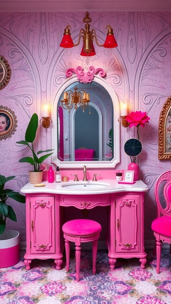 A bold pink vanity with a mirror, decorative lights, and a matching stool in a stylish bedroom.