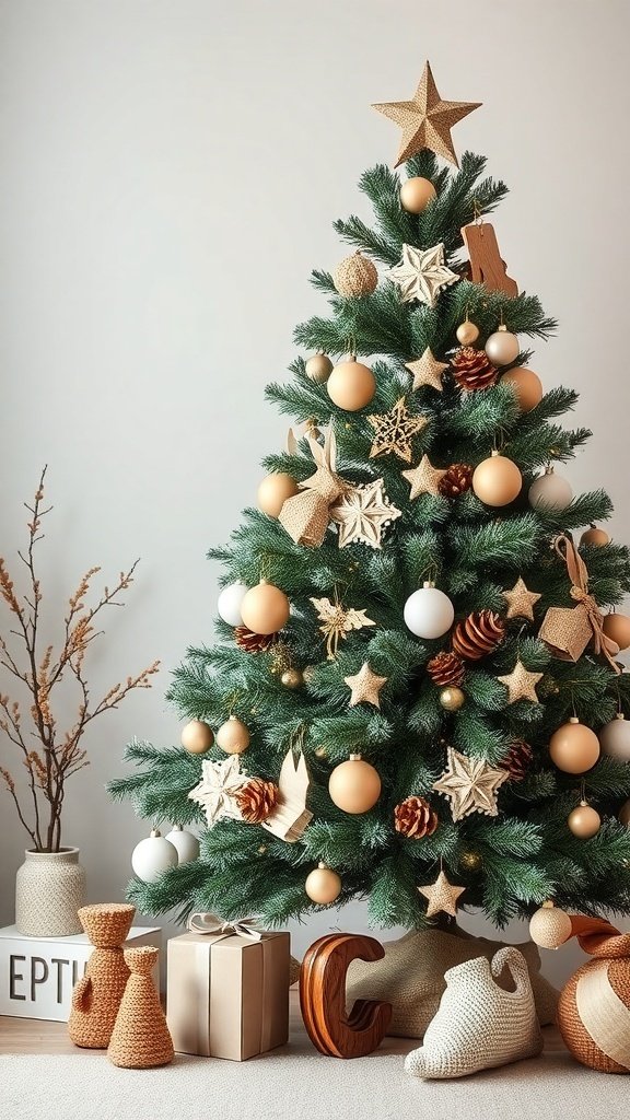 50 Creative Christmas Tree Decor Ideas to Elevate Your Holiday Spirit A beautifully decorated Christmas tree in minimalist Scandinavian style with gold and white ornaments, surrounded by natural decor.