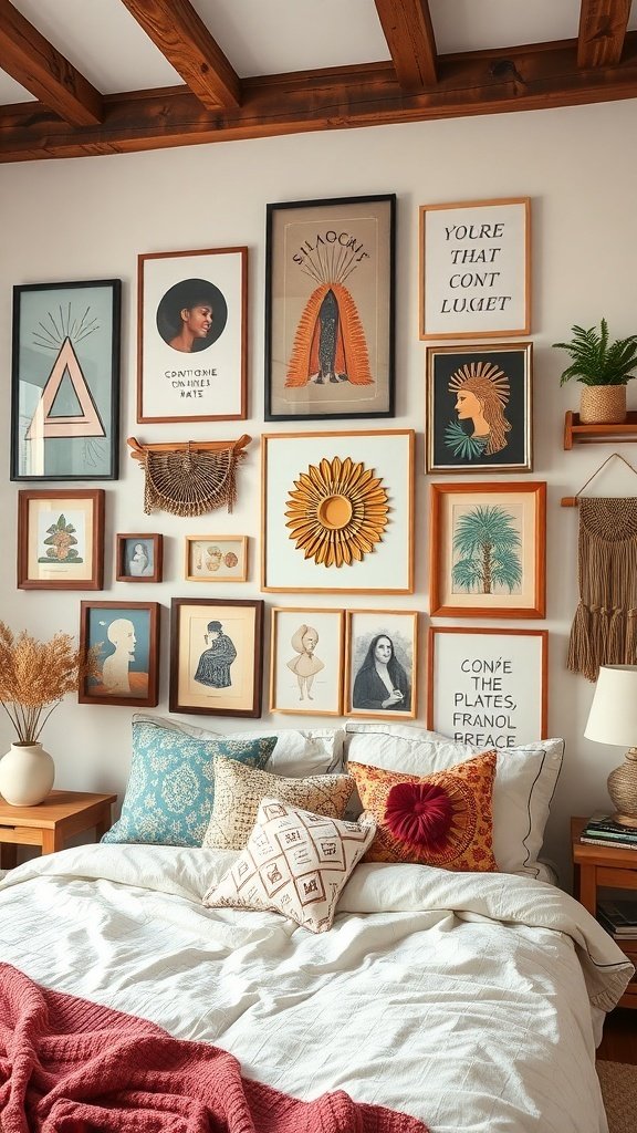 50 Boho Bedroom Decor Ideas to Transform Your Space Eclectic wall art display in a Boho bedroom featuring various framed artworks and a woven wall hanging.
