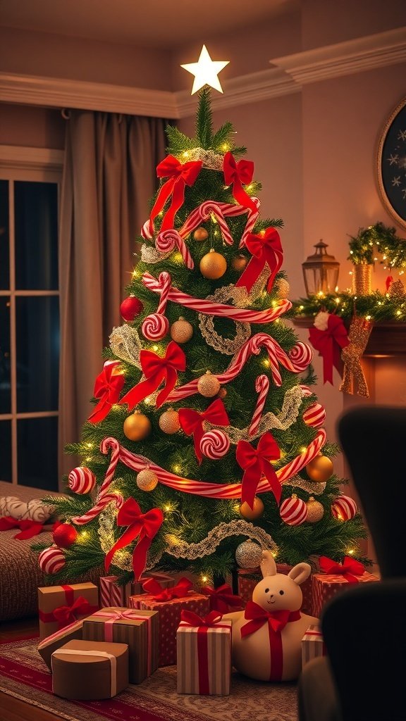 50 Creative Christmas Tree Decor Ideas to Elevate Your Holiday Spirit A Christmas tree decorated with candy canes, red bows, and gold ornaments, surrounded by wrapped gifts and a cute bunny decoration.