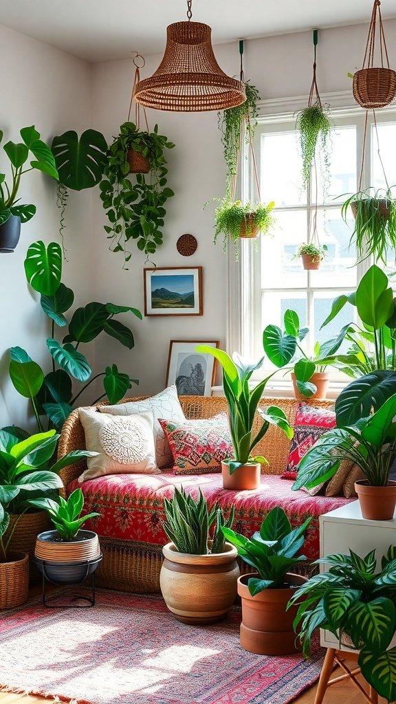 50 Boho Bedroom Decor Ideas to Transform Your Space A cozy Boho bedroom filled with various indoor plants, showcasing a vibrant and lush atmosphere.