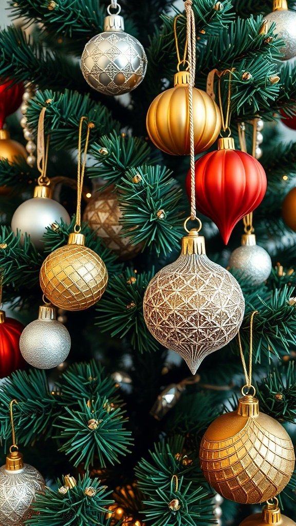50 Creative Christmas Tree Decor Ideas to Elevate Your Holiday Spirit A beautifully decorated Christmas tree with Art Deco style ornaments in gold, red, and silver.