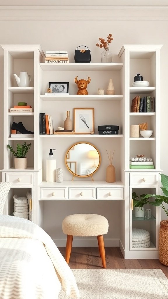 A stylish open shelving vanity with a round mirror, decorative items, and storage drawers.