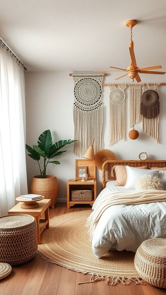 50 Boho Bedroom Decor Ideas to Transform Your Space A cozy Boho bedroom featuring natural textures, rattan furniture, and plants.