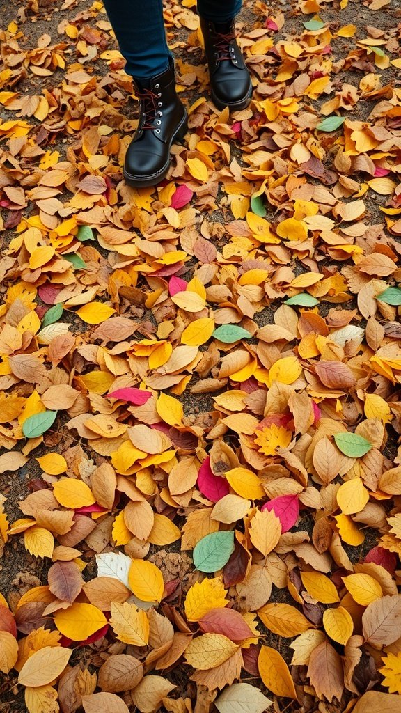 A close-up of colorful autumn leaves on the ground with a pair of black boots stepping on them.
