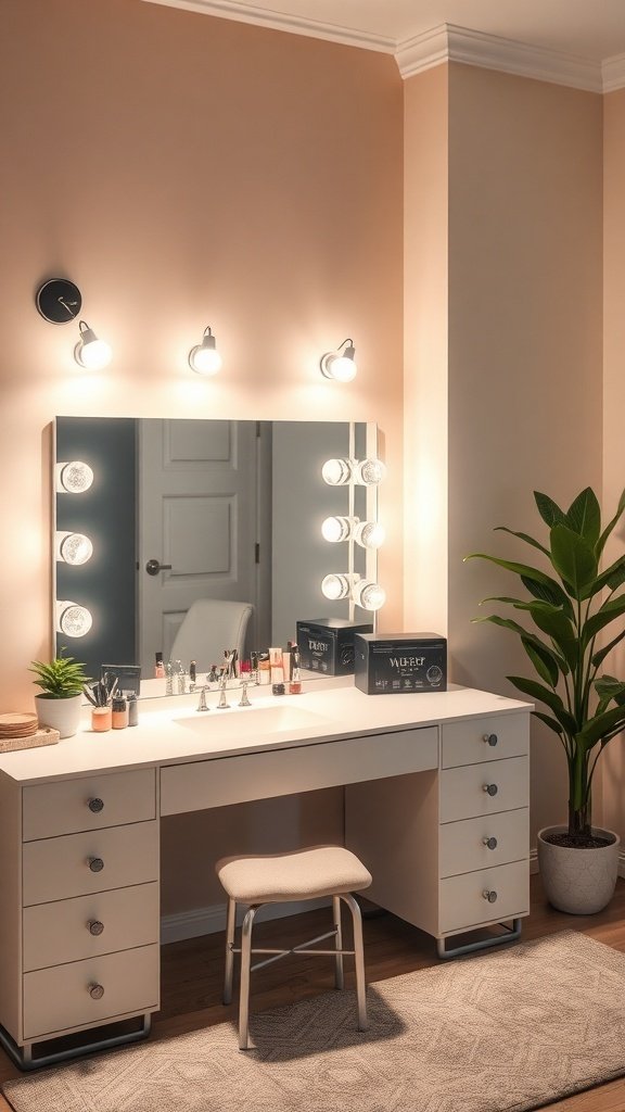 A stylish vanity with layered lighting, featuring a large mirror, wall-mounted lights, and decorative plants.