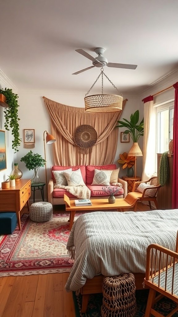 50 Boho Bedroom Decor Ideas to Transform Your Space A cozy Boho bedroom featuring a mix of furniture styles, including a pink sofa, wooden furniture, and plants.