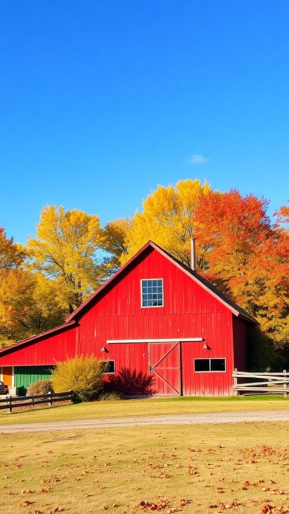 A red barn surrounded by autumn trees with vibrant leaves under a clear blue sky.
