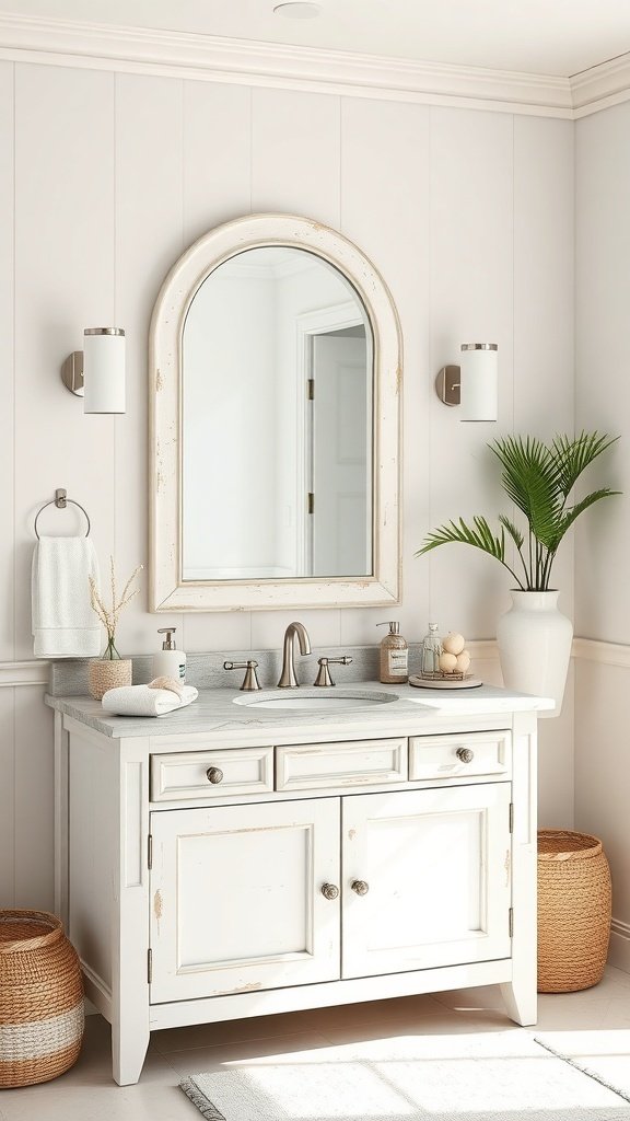 Coastal inspired vanity with white cabinet, round mirror, and potted plant.