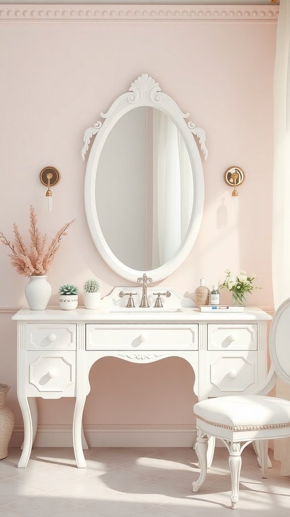 A soft pastel vanity with a white finish, oval mirror, and light fixtures against a pink wall.