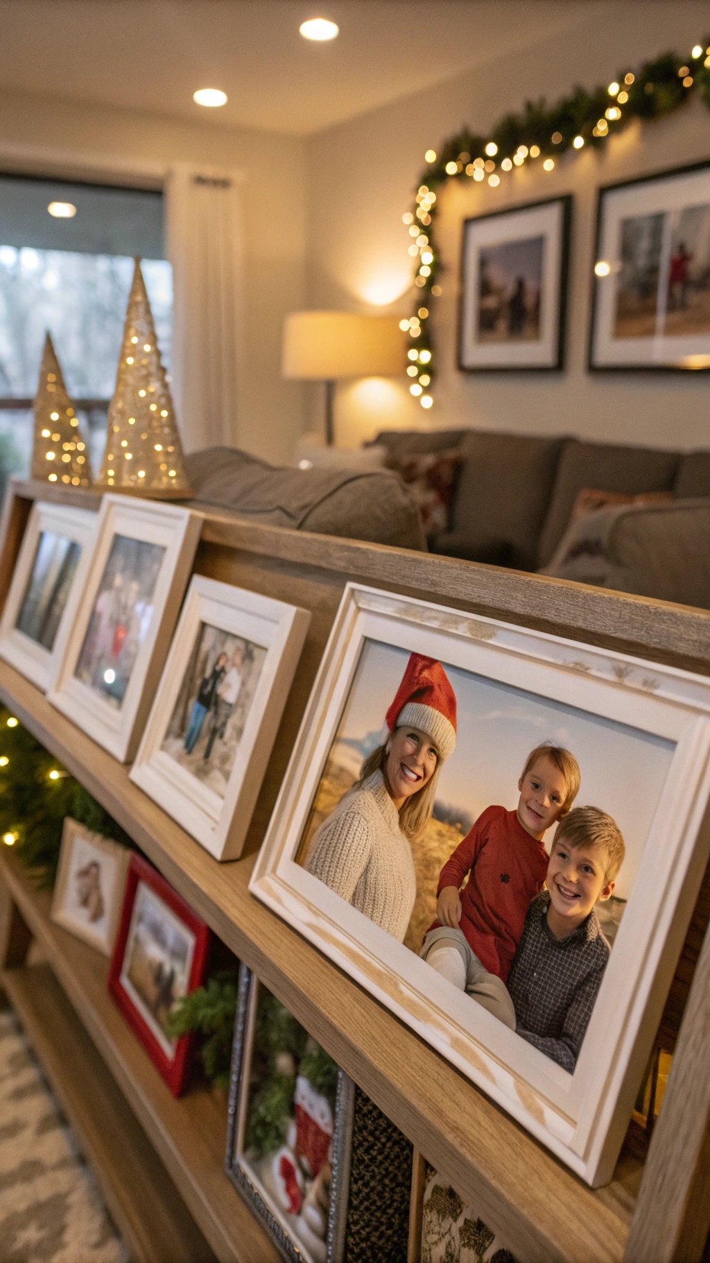 50 Charming Vintage Christmas Decor Ideas to Transform Your Home A festive mantel with vintage photo frames displaying family pictures, surrounded by holiday decorations.