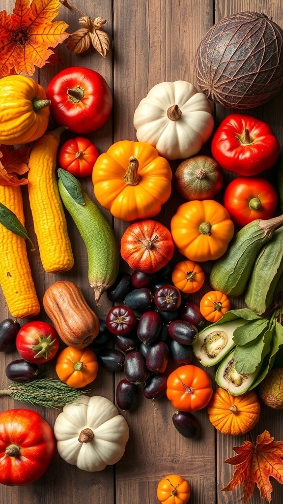 A colorful assortment of pumpkins, tomatoes, and squash on a wooden surface, representing the fall harvest.