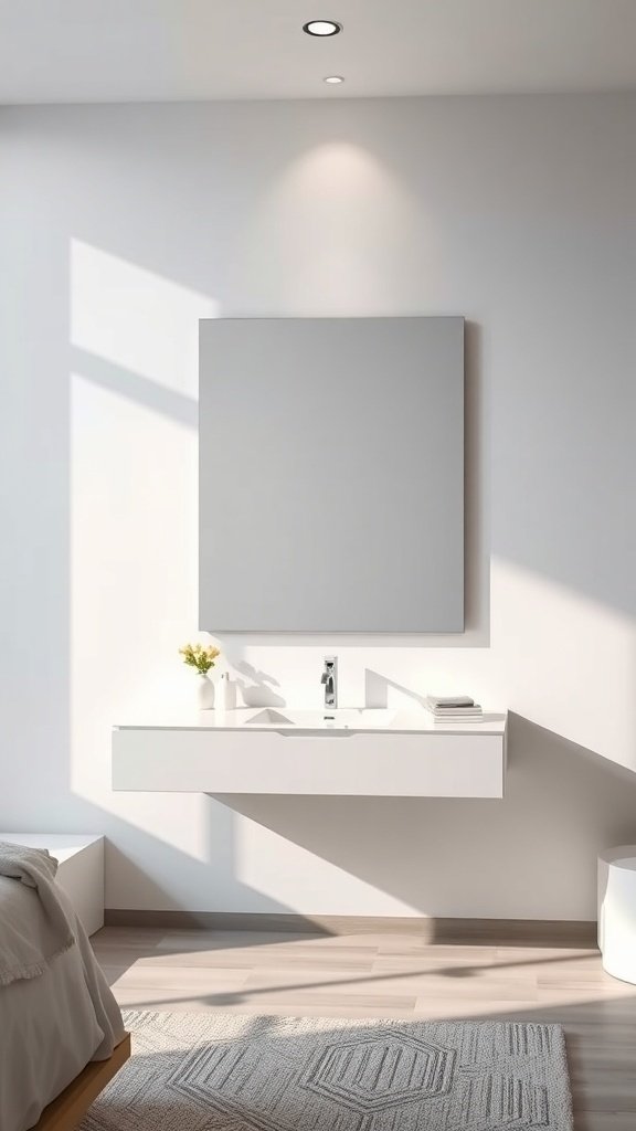 Minimalist floating vanity in a bright bedroom setting