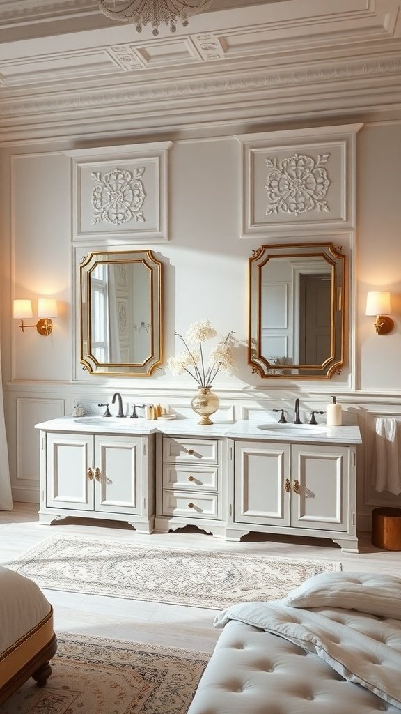 Luxurious double vanity in a shared bedroom with elegant decor and marble countertop