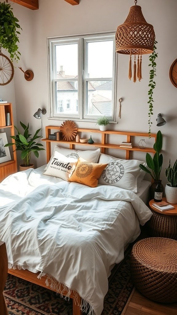 50 Boho Bedroom Decor Ideas to Transform Your Space A cozy Boho bedroom with wooden furniture, plants, and woven decor.