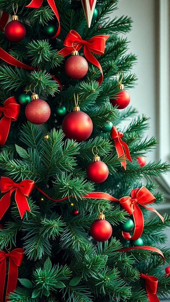 50 Creative Christmas Tree Decor Ideas to Elevate Your Holiday Spirit A Christmas tree decorated with red ornaments and ribbons, set against a green backdrop.