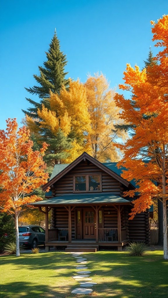 A rustic cabin surrounded by colorful fall foliage, featuring a stone path and tall trees.