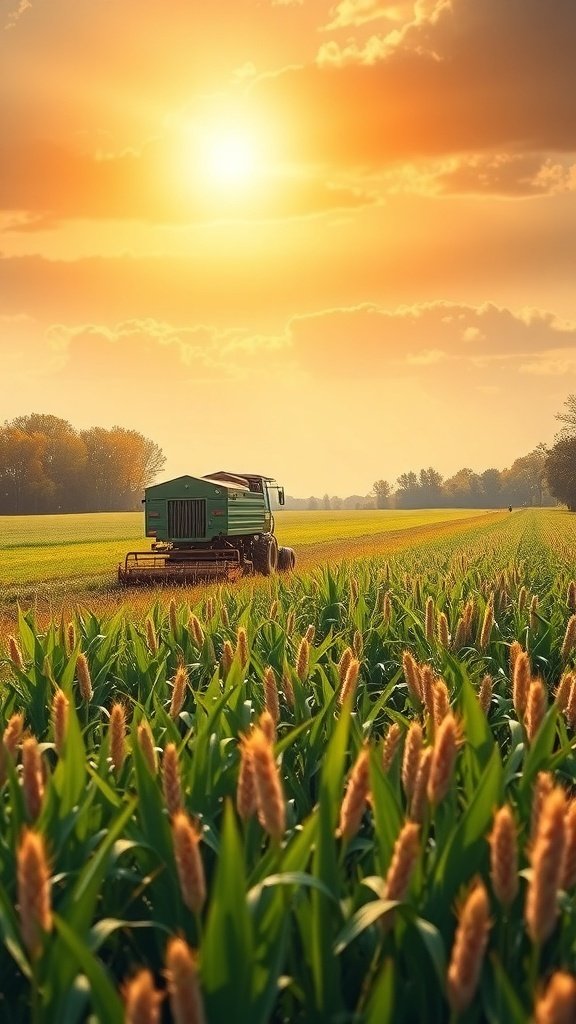 A tractor harvesting corn in a field during sunset, with golden light illuminating the landscape.