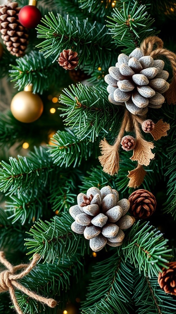 50 Creative Christmas Tree Decor Ideas to Elevate Your Holiday Spirit Frosted pine cones on a Christmas tree with green branches and ornaments