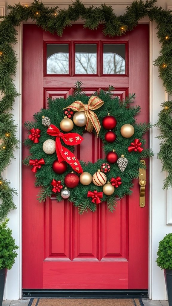 50 Charming Vintage Christmas Decor Ideas to Transform Your Home A classic holiday wreath with red and gold ornaments on a red door.