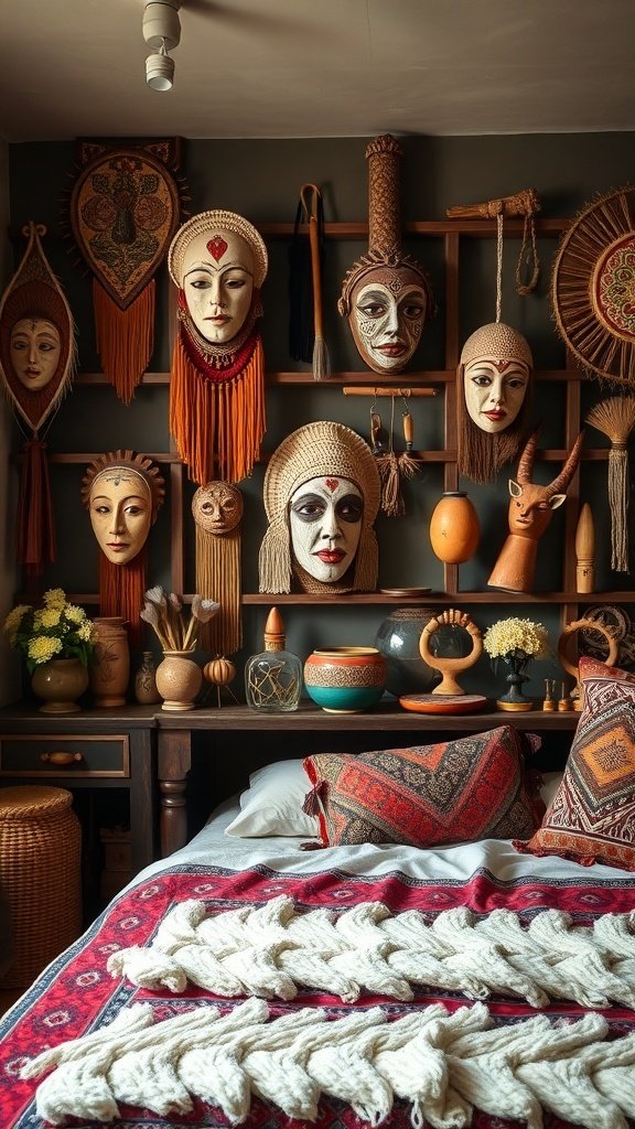 50 Boho Bedroom Decor Ideas to Transform Your Space A Boho bedroom featuring a wall display of cultural masks and handcrafted artifacts, with a cozy bed adorned with textured blankets and decorative pillows.