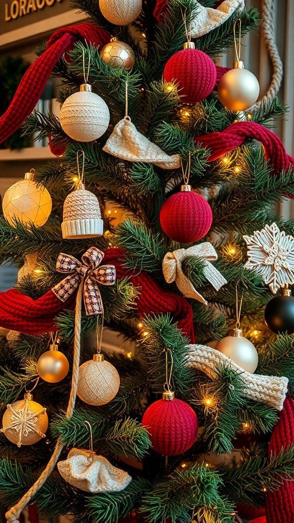 50 Creative Christmas Tree Decor Ideas to Elevate Your Holiday Spirit A Christmas tree decorated with warm textiles, including knitted ornaments and red ribbons.