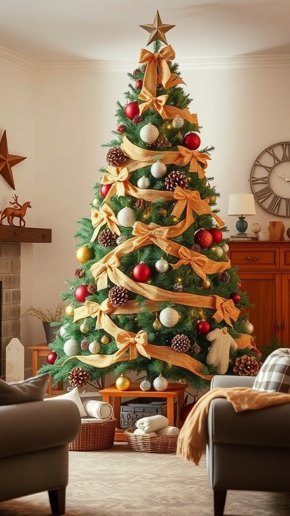 50 Creative Christmas Tree Decor Ideas to Elevate Your Holiday Spirit A beautifully decorated Christmas tree with rustic farmhouse ornaments, featuring red and gold baubles, pinecones, and soft ribbons.