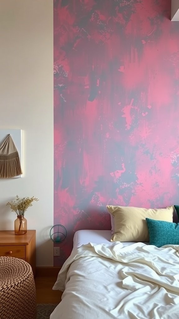 50 Boho Bedroom Decor Ideas to Transform Your Space A colorful accent wall in a Boho bedroom featuring pink and gray tones.