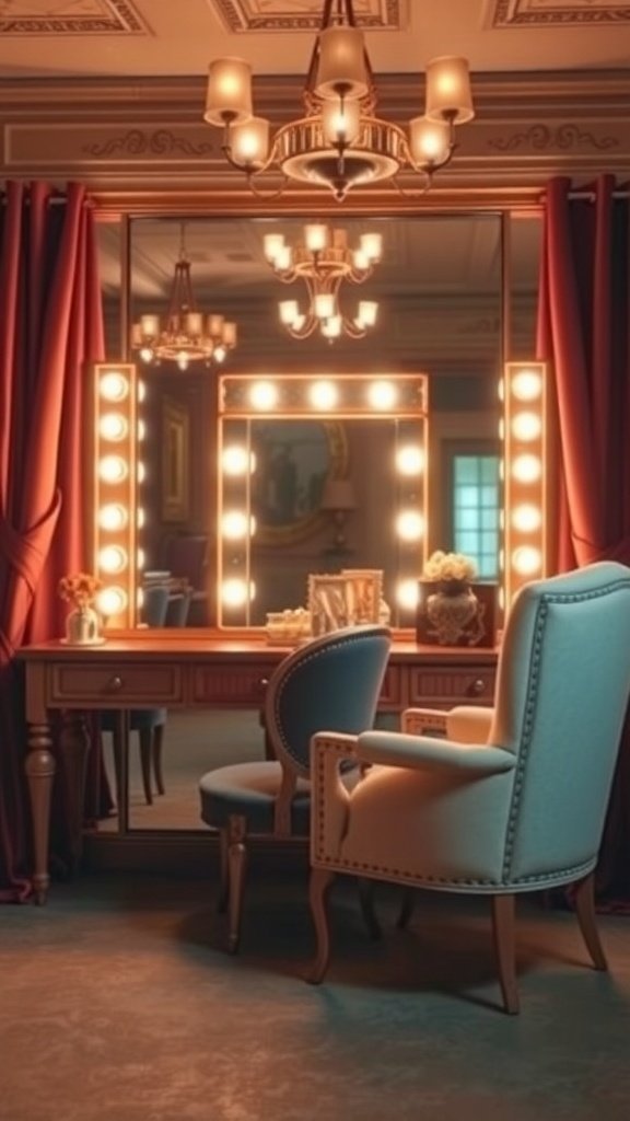 A vintage Hollywood glam vanity with a large illuminated mirror, elegant chairs, and rich decor.