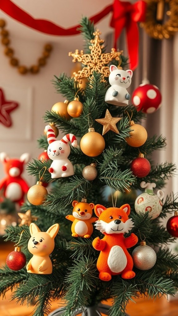 50 Creative Christmas Tree Decor Ideas to Elevate Your Holiday Spirit A Christmas tree decorated with playful animal ornaments including a fox, bear, and bunny, alongside shiny baubles and stars.
