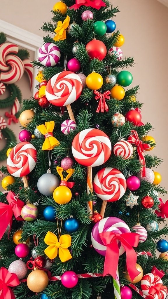 50 Creative Christmas Tree Decor Ideas to Elevate Your Holiday Spirit A Christmas tree decorated in a whimsical Candy Land theme with colorful ornaments and oversized lollipops.