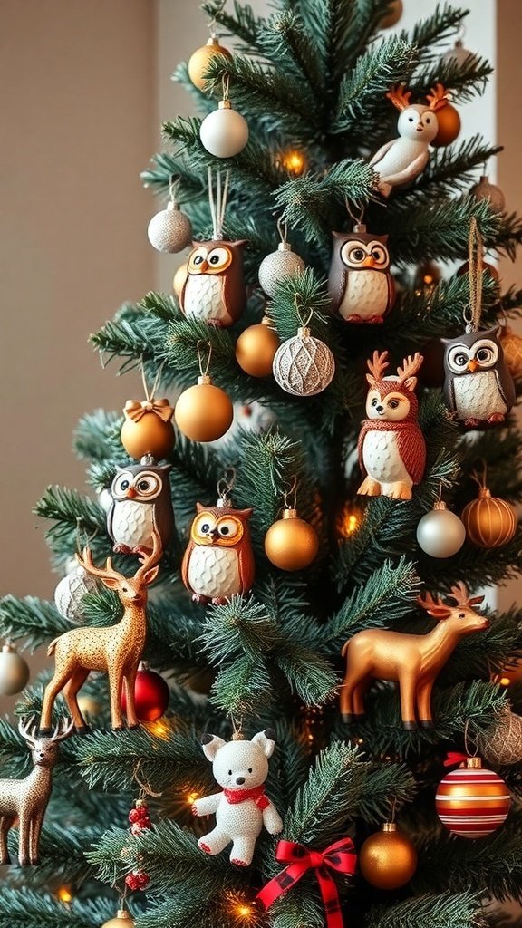50 Creative Christmas Tree Decor Ideas to Elevate Your Holiday Spirit A Christmas tree decorated with woodland creature ornaments including owls, deer, and bears, alongside golden and colorful baubles.