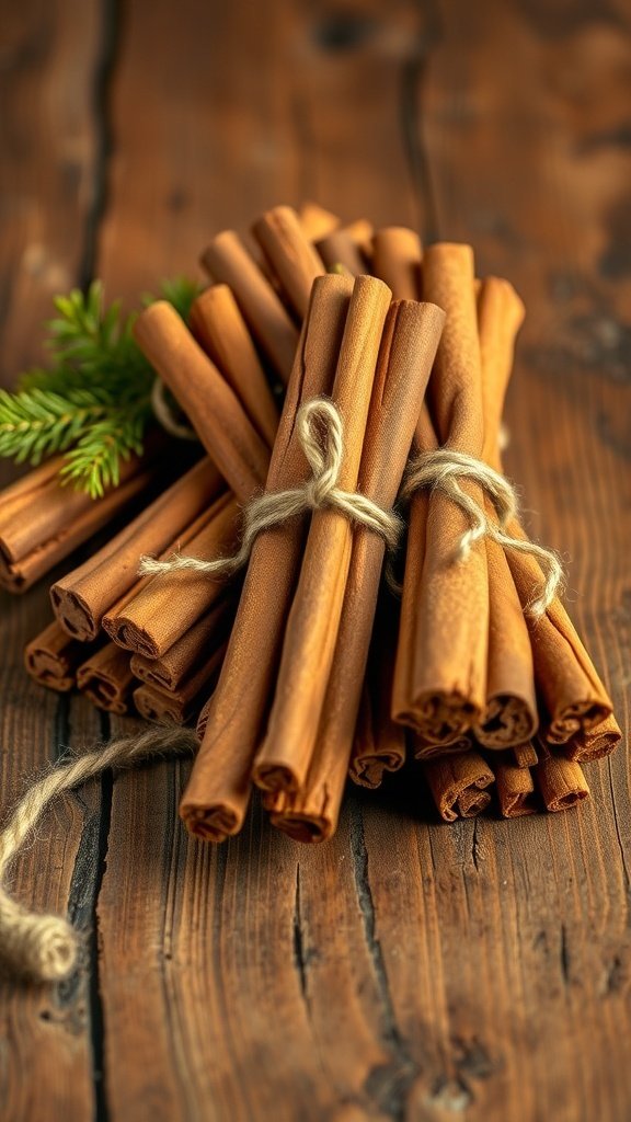 Bundles of cinnamon sticks tied together on a wooden surface