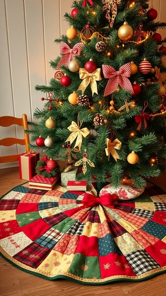 50 Charming Vintage Christmas Decor Ideas to Transform Your Home A handmade quilted tree skirt with a patchwork design under a decorated Christmas tree.