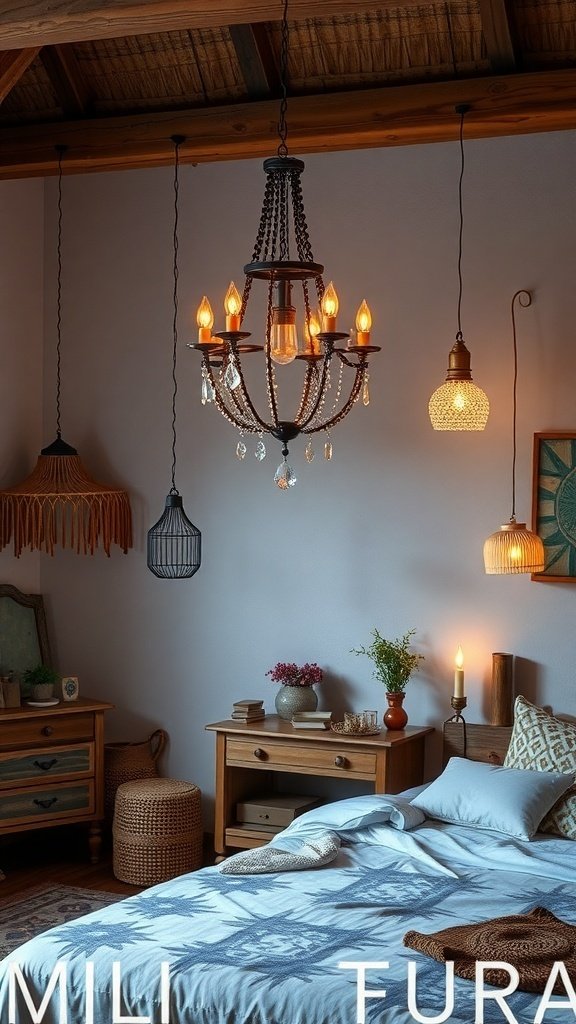 50 Boho Bedroom Decor Ideas to Transform Your Space A Boho bedroom featuring unique lighting fixtures including a chandelier and pendant lights.