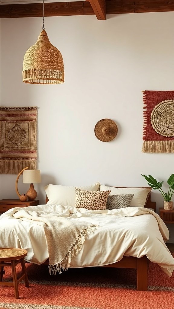50 Boho Bedroom Decor Ideas to Transform Your Space A cozy Boho bedroom featuring woven wall textiles, a wooden bed, and warm lighting.