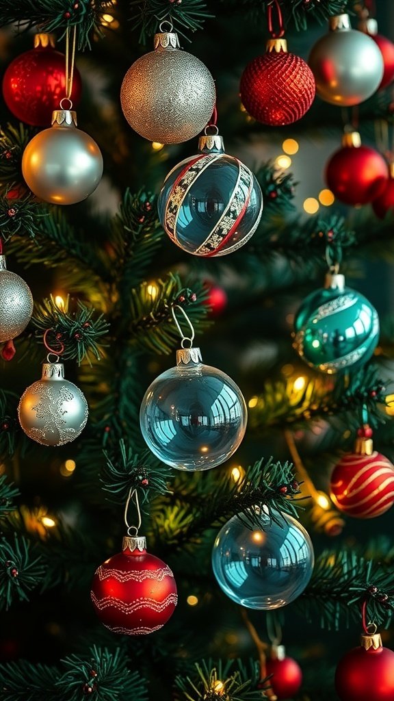 50 Creative Christmas Tree Decor Ideas to Elevate Your Holiday Spirit A close-up of a Christmas tree adorned with vintage glass baubles in various colors and designs.