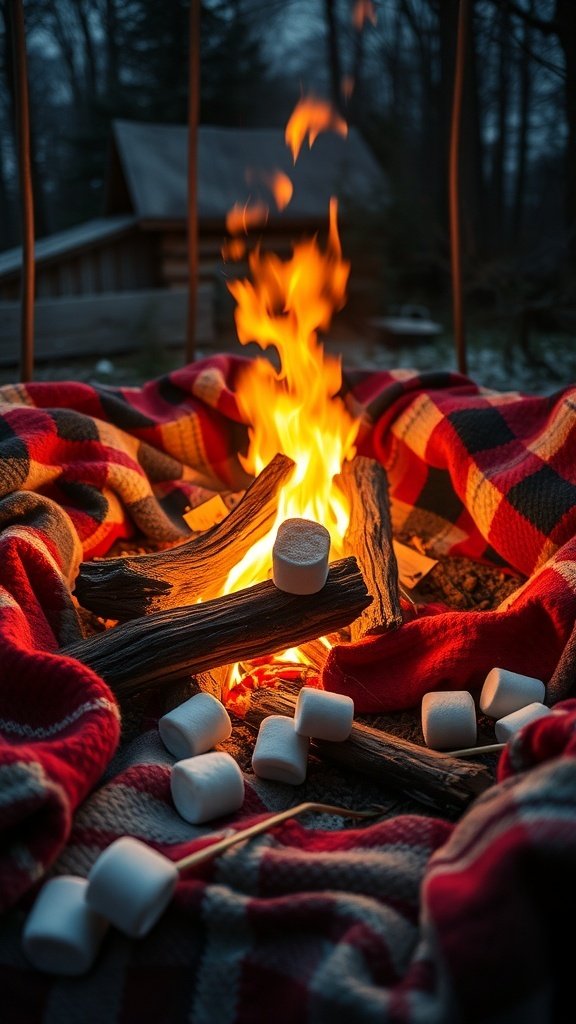 A cozy bonfire with flames, surrounded by a plaid blanket and marshmallows, set in a chilly evening atmosphere.