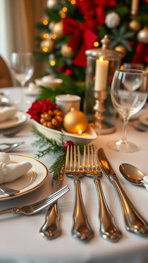 50 Charming Vintage Christmas Decor Ideas to Transform Your Home A festive dining table set with antique silverware, elegant glassware, and holiday decorations.