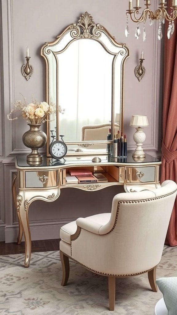A glamorous mirrored vanity with an ornate mirror, elegant chair, and decorative accents.