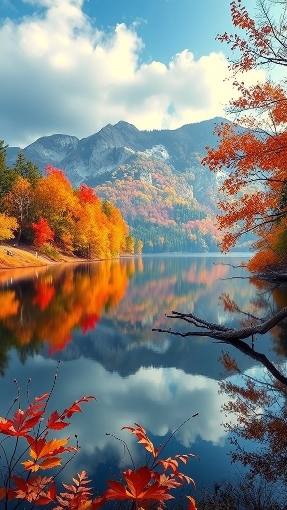 A serene lake reflecting vibrant autumn foliage and mountains under a blue sky.