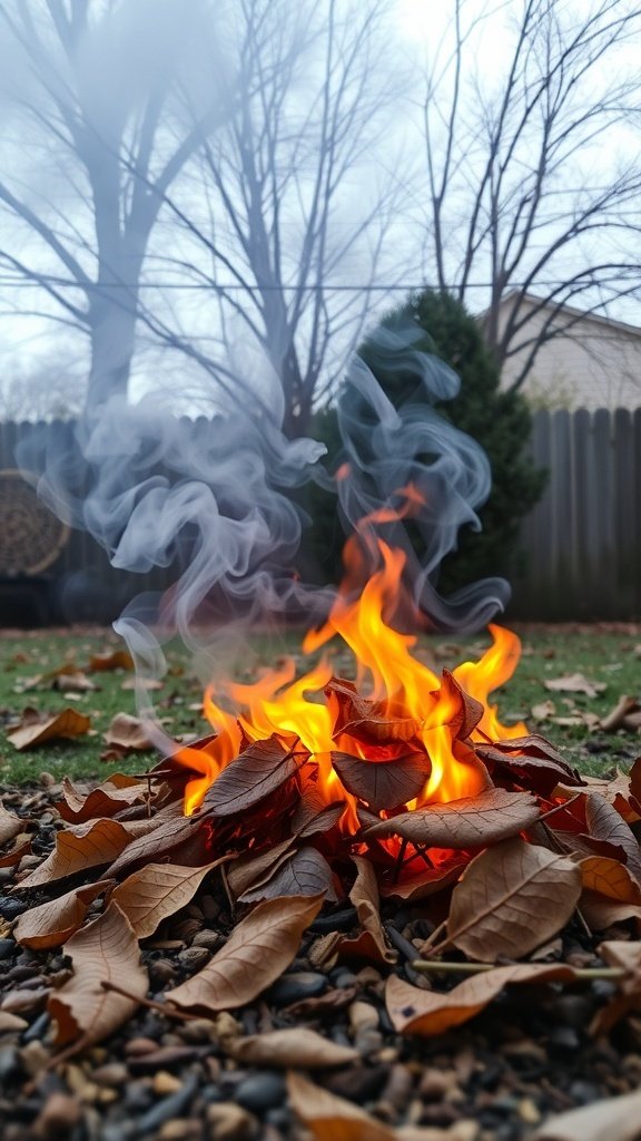 A small fire with flames and smoke rising from a pile of burning leaves in a backyard setting.