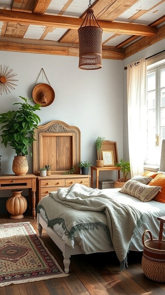 50 Boho Bedroom Decor Ideas to Transform Your Space A cozy Boho bedroom featuring reclaimed wood furniture, plants, and soft textiles.