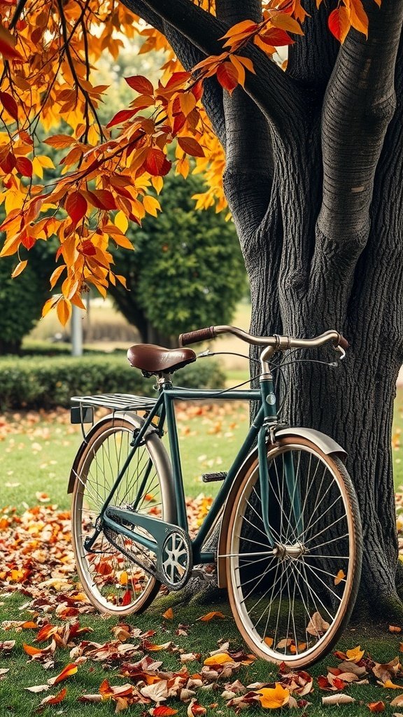 A vintage bicycle parked under a tree with colorful autumn leaves.