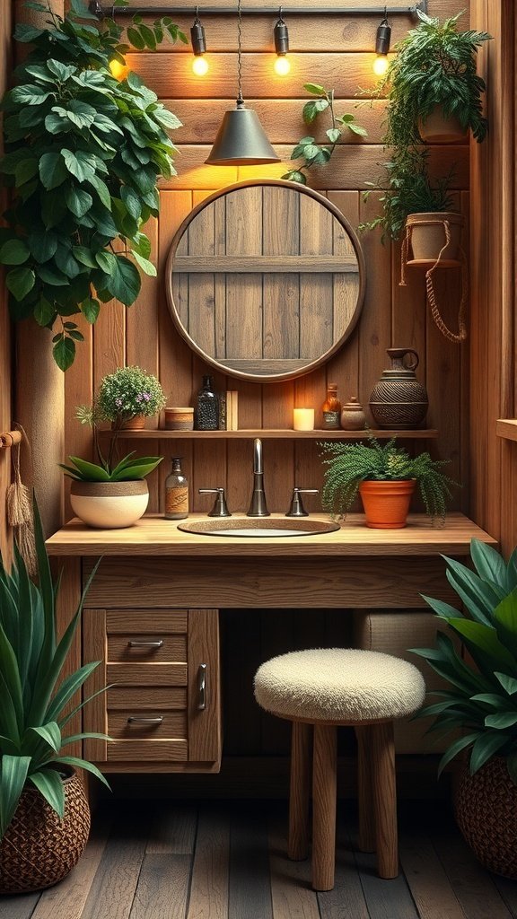 A nature-inspired vanity with wooden elements, plants, and soft lighting.