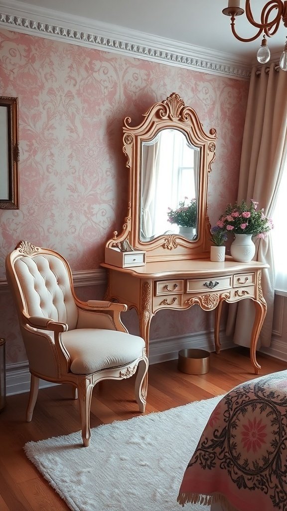 A vintage-inspired dressing table with an ornate mirror and a plush chair in a softly decorated bedroom.