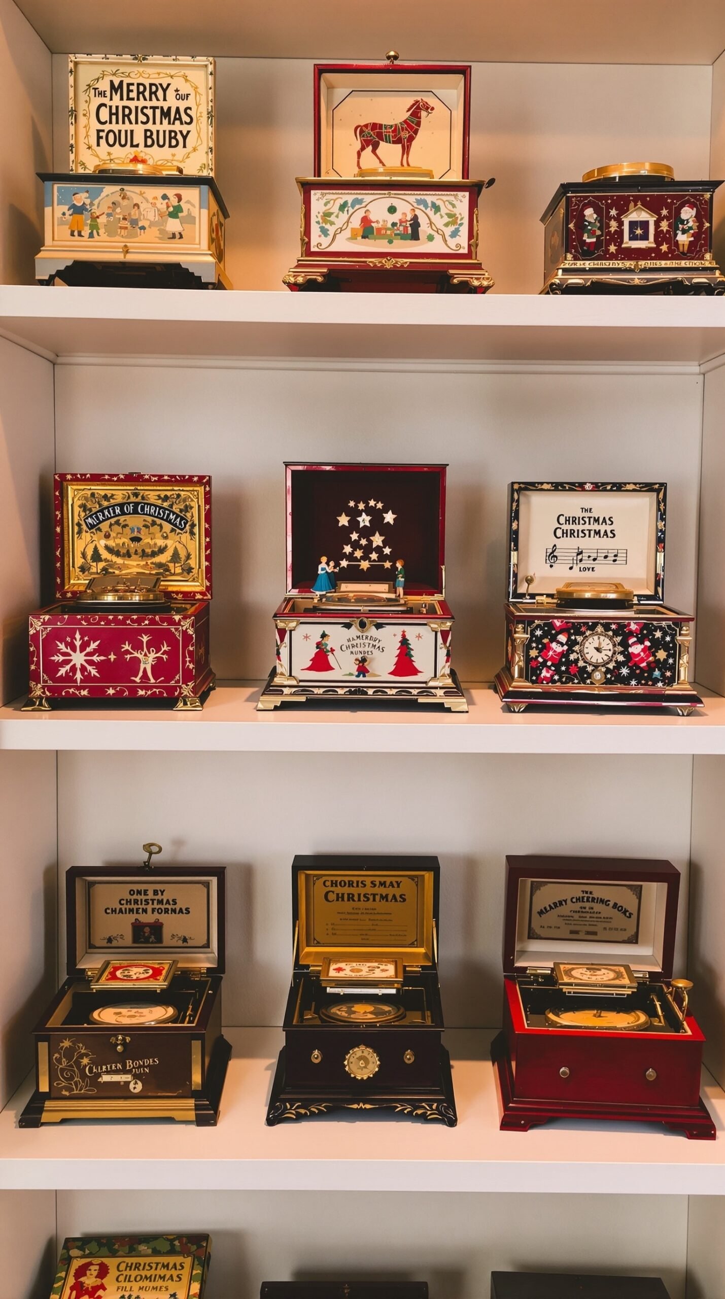 50 Charming Vintage Christmas Decor Ideas to Transform Your Home A collection of vintage Christmas music boxes with festive decorations.