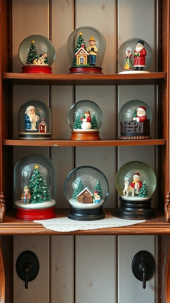 50 Charming Vintage Christmas Decor Ideas to Transform Your Home A collection of vintage snow globes featuring Christmas scenes on a wooden shelf.