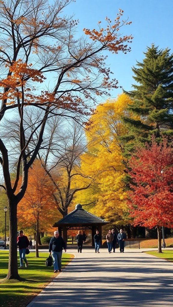 A sunny autumn day with colorful trees and people walking in a park