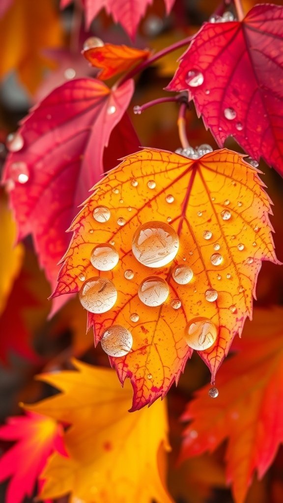 Close-up of orange and red leaves with glistening dew drops.